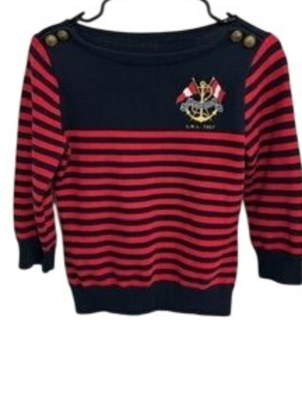 Lauren Ralph Lauren Medium Red Navy Striped Gold Button Sweater Crest Old Money